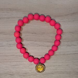 Neon Pink Beaded Stretch Bracelet Smiley Face Charm Fun Cute Jewelry